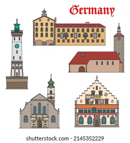 Germany architecture, Lindau buildings and Bavaria travel landmarks, vector. German Garmisch-Partenkirchen rathaus town hall, St Stephen church, Stephankirche, Peterskirche and Leuchtturm lighhouse