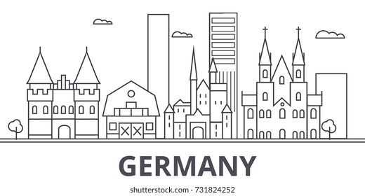 Germany architecture line skyline illustration. Linear vector cityscape with famous landmarks, city sights, design icons. Landscape wtih editable strokes