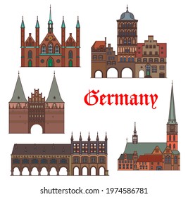 Germany architecture of Lubeck, travel landmark buildings of Schleswig Holstein, vector. German architecture of St James church and Rathaus town hall, Hospital of Holy Spirit, Burgtor and Holstentor