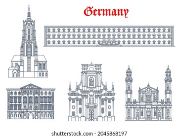 Arquitectura alemana, edificios de Múnich y monumentos de viaje de Baviera, vector. Iglesia Teatina de la Iglesia de la Trinidad de San Cajetán y Catedral de San Bartolomé, Biblioteca Estatal de Baviera y Palacio de Preysing