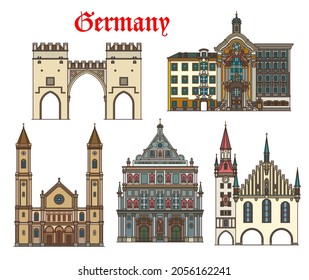 Germany architecture, Munich buildings and travel landmarks, vector. German churches of St Ludwig and Saint Michael, Karlstor gates, Old Town Hall or Altes Rathaus and Johann Nepomuk Asamkirche