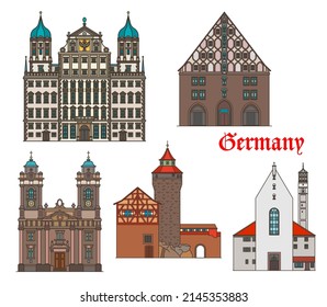 Germany architecture, Nuremberg and Augsburg buildings, vector travel landmarks. Bavaria architecture Imperial Castle and Mauthalle, Egidienkirche and Moritzkirche or St Maurice church and Rathaus