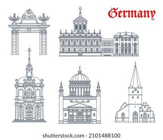 Germany architecture, Potsdam and Bonn travel landmark vector buildings. Germany St Remigius church in Bonn, Nikolaikirche or Saint Nikolai cathedral, Potsdam Altes Rathaus and Kreuzbergkirche