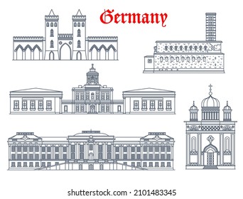 Germany architecture, Potsdam landmarks, palaces and churches, travel vector buildings. Friedenskirche Church of Peace, Alexander Nevsky Memorial, Potsdamer Stadtschloss, Marmorpalais and Nauener Tor