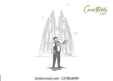 Germany, architecture, tourist, beer, country concept. Hand drawn ancinet church and man with cup of beer. Symbols of Germany concept sketch. Isolated vector illustration.