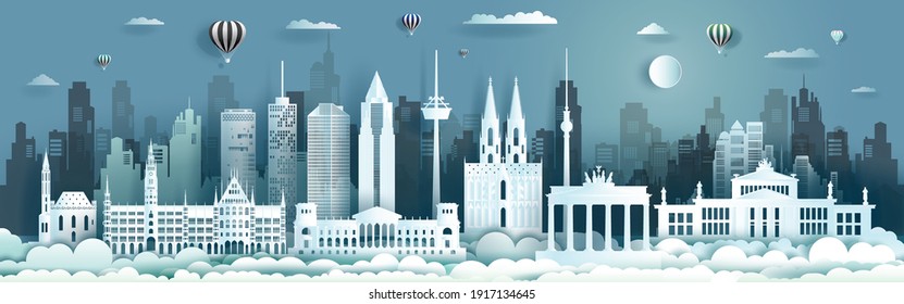 Germany architecture travel landmarks of berlin with Balloons and airplane in Germany country, Tour cityscape with panorama view and capital, Origami paper cut style for travel poster and postcard.