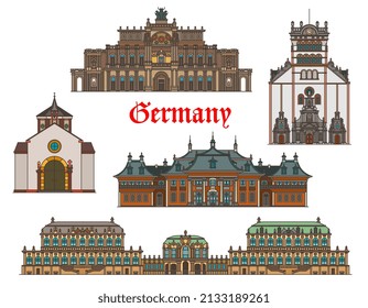 Edificios vectoriales de arquitectura alemana de monumentos de viaje de Dresden y Trier. Basílica alemana o iglesia de San Mathias, castillo de Pillnitz Schloss y palacio de Zwinger, iglesia Kreuzkirche y teatro de ópera