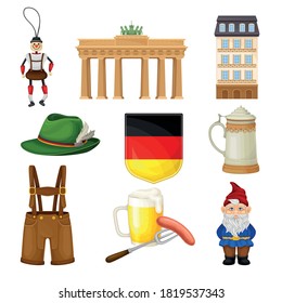 Germany Attributes with Brandenburg Gate and Green Oktoberfest Hat Vector Set