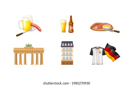 Germany Attributes with Brandenburg Gate and Mug with Lager or Beer Vector Set
