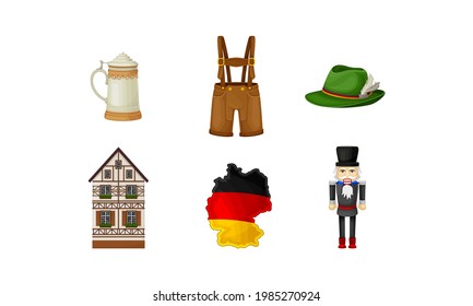 Germany Attributes with Lederhosen and Timbered House Vector Set