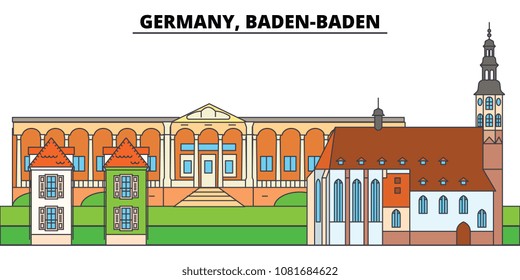 Germany, Baden Baden. City skyline, architecture, buildings, streets, silhouette, landscape, panorama, landmarks. Editable strokes. Flat design line vector illustration concept. Isolated icons