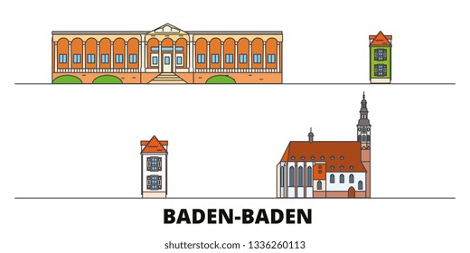 Germany, Baden Baden flat landmarks vector illustration. Germany, Baden Baden line city with famous travel sights, skyline, design. 