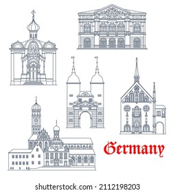 Germany, Baden-Baden and Heidelberg architecture, buildings and travel landmarks. Sankt Afra, Russische Orthodoxe Kirche and Lichtenthal Abbey Karlstor gates and city theater of Baden-Baden. Vector