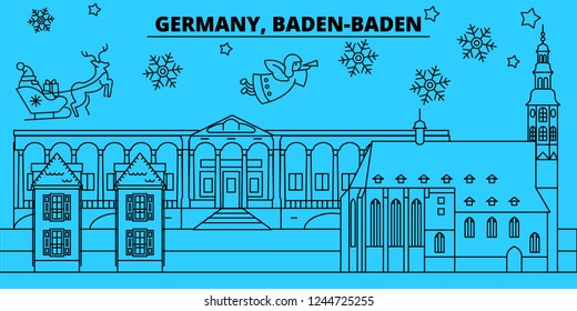 Germany, Baden-Baden winter holidays skyline. Merry Christmas, Happy New Year decorated banner with Santa Claus.Germany, Baden-Baden linear christmas city vector flat illustration