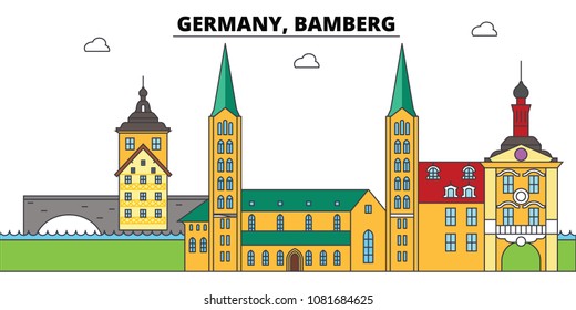 Germany, Bamberg. City skyline, architecture, buildings, streets, silhouette, landscape, panorama, landmarks. Editable strokes. Flat design line vector illustration concept. Isolated icons