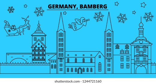 Germany, Bamberg winter holidays skyline. Merry Christmas, Happy New Year decorated banner with Santa Claus.Germany, Bamberg linear christmas city vector flat illustration