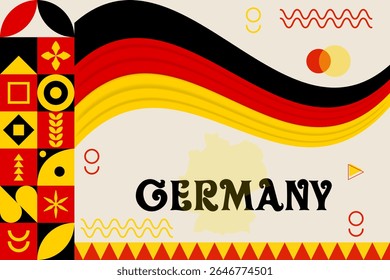 Germany banner with cultural design. Independence day design for Germany celebration. Modern neo geometric retro design with flag, map and abstract icons. Yellow and Red. Vector Illustration
