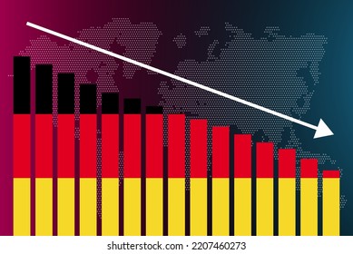 Germany bar chart graph, decreasing values, crisis and downgrade concept, Germany flag on bar graph, down arrow on data, news banner idea, fail and decrease, financial statistic