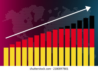 Germany bar chart graph, increasing values, country statistics concept, Germany country flag on bar graph, upward rising arrow on data, news banner idea