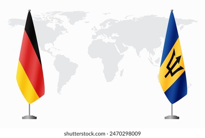 Germany and Barbados flags for official meeting against background of world map.