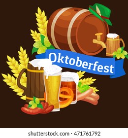 Germany beer festival in Bavaria, alcohol in a glass and wooden mug with mens snack traditional pretzel sausage, drinking in party pub or bar food background vector illustration 