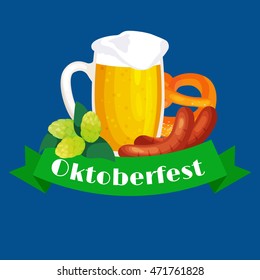 Germany beer festival in Bavaria, alcohol in a glass and wooden mug with mens snack traditional pretzel sausage, drinking in party pub or bar food background vector illustration 