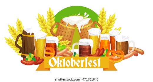 Germany beer festival in Bavaria, alcohol in a glass and wooden mug with mens snack traditional pretzel sausage, drinking in party pub or bar food background vector illustration 