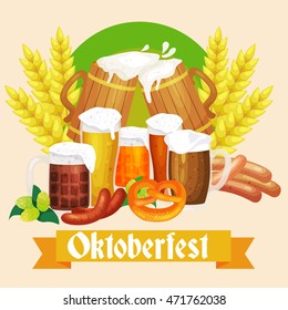Germany beer festival in Bavaria, alcohol in a glass and wooden mug with mens snack traditional pretzel sausage, drinking in party pub or bar food background vector illustration 