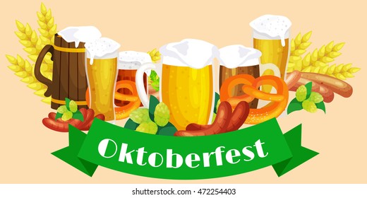 Germany beer festival in Bavaria, alcohol in a glass and wooden mug with mens snack traditional pretzel sausage, drinking in party pub or bar food background vector illustration 