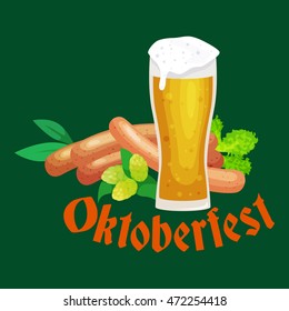 Germany beer festival in Bavaria, alcohol in a glass and wooden mug with mens snack traditional pretzel sausage, drinking in party pub or bar food background vector illustration 