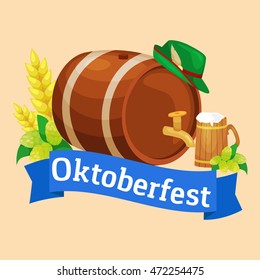 Germany beer festival in Bavaria, alcohol in a glass and wooden mug with mens snack traditional pretzel sausage, drinking in party pub or bar food background vector illustration 
