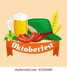 Germany beer festival in Bavaria, alcohol in a glass and wooden mug with mens snack traditional pretzel sausage, drinking in party pub or bar food background vector illustration 