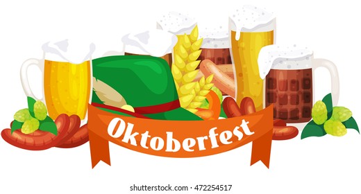 Germany beer festival in Bavaria, alcohol in a glass and wooden mug with mens snack traditional pretzel sausage, drinking in party pub or bar food background vector illustration 