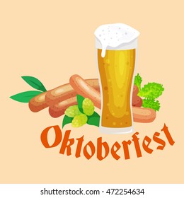 Germany beer festival in Bavaria, alcohol in a glass and wooden mug with mens snack traditional pretzel sausage, drinking in party pub or bar food background vector illustration 