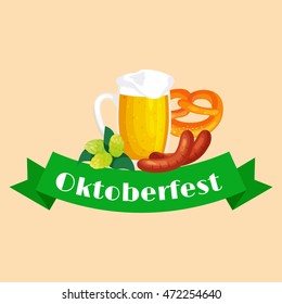 Germany beer festival in Bavaria, alcohol in a glass and wooden mug with mens snack traditional pretzel sausage, drinking in party pub or bar food background vector illustration 