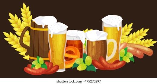 Germany beer festival in Bavaria, alcohol in a glass and wooden mug with mens snack traditional pretzel sausage, drinking in party pub or bar food background vector illustration 