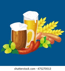 Germany beer festival in Bavaria, alcohol in a glass and wooden mug with mens snack traditional pretzel sausage, drinking in party pub or bar food background vector illustration 