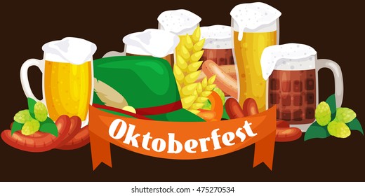 Germany beer festival in Bavaria, alcohol in a glass and wooden mug with mens snack traditional pretzel sausage, drinking in party pub or bar food background vector illustration 