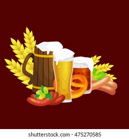 Germany beer festival in Bavaria, alcohol in a glass and wooden mug with mens snack traditional pretzel sausage, drinking in party pub or bar food background vector illustration 