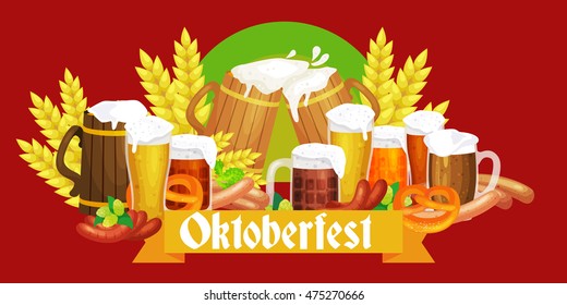 Germany beer festival in Bavaria, alcohol in a glass and wooden mug with mens snack traditional pretzel sausage, drinking in party pub or bar food background vector illustration 