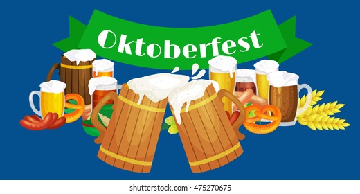 Germany beer festival in Bavaria, alcohol in a glass and wooden mug with mens snack traditional pretzel sausage, drinking in party pub or bar food background vector illustration 