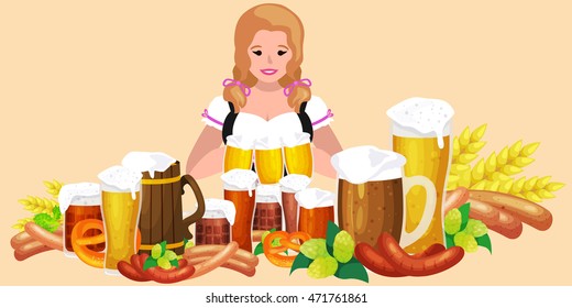 Germany beer festival in Bavaria, girl holding alcohol in a glass and wooden mug with mens snack traditional pretzel sausage,woman drinking in party pub or bar food background vector illustration 