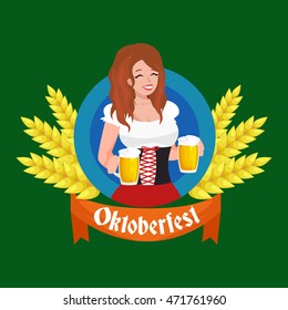 Germany beer festival in Bavaria, girl holding alcohol in a glass and wooden mug with mens snack traditional pretzel sausage,woman drinking in party pub or bar food background vector illustration 