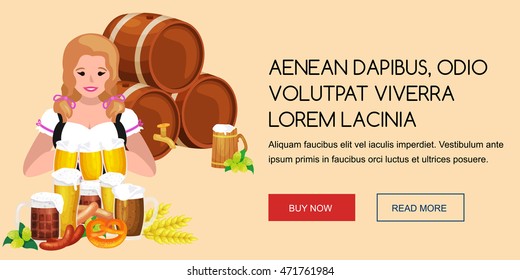 Germany beer festival in Bavaria, girl holding alcohol in a glass and wooden mug with mens snack traditional pretzel sausage,woman drinking in party pub or bar food background vector illustration 