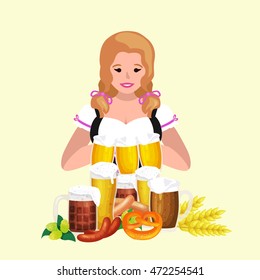 Germany beer festival in Bavaria, girl holding alcohol in a glass and wooden mug with mens snack traditional pretzel sausage,woman drinking in party pub or bar food background vector illustration 