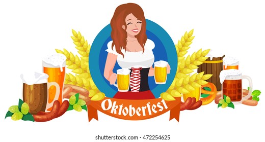 Germany beer festival in Bavaria, girl holding alcohol in a glass and wooden mug with mens snack traditional pretzel sausage,woman drinking in party pub or bar food background vector illustration 