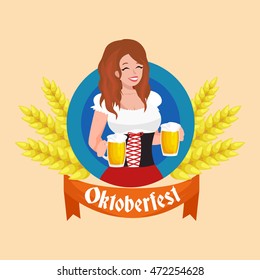 Germany beer festival in Bavaria, girl holding alcohol in a glass and wooden mug with mens snack traditional pretzel sausage,woman drinking in party pub or bar food background vector illustration 
