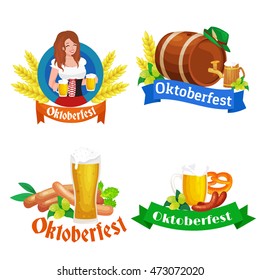 Germany beer festival in Bavaria, girl holding alcohol in a glass and wooden mug with mens snack traditional pretzel sausage,woman drinking in party pub or bar food background vector illustration 