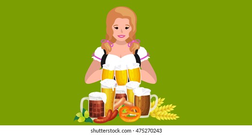 Germany beer festival in Bavaria, girl holding alcohol in a glass and wooden mug with mens snack traditional pretzel sausage,woman drinking in party pub or bar food background vector illustration 