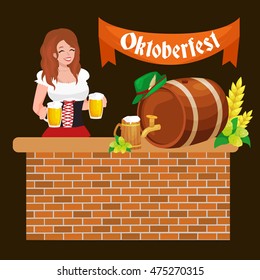 Germany beer festival in Bavaria, girl holding alcohol in a glass and wooden mug with mens snack traditional pretzel sausage,woman drinking in party pub or bar food background vector illustration 